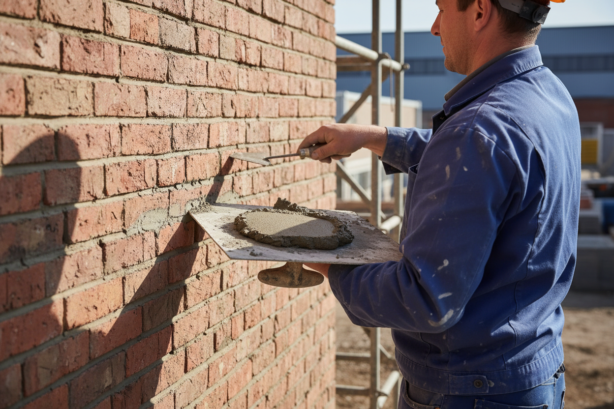 laat de man een voegspijker en een voegbord vasthouden zoals deze te zien zijn in het assortiment op de volgende pagina:https://www.123impregneer.nl/overige-producten/gereedschap/